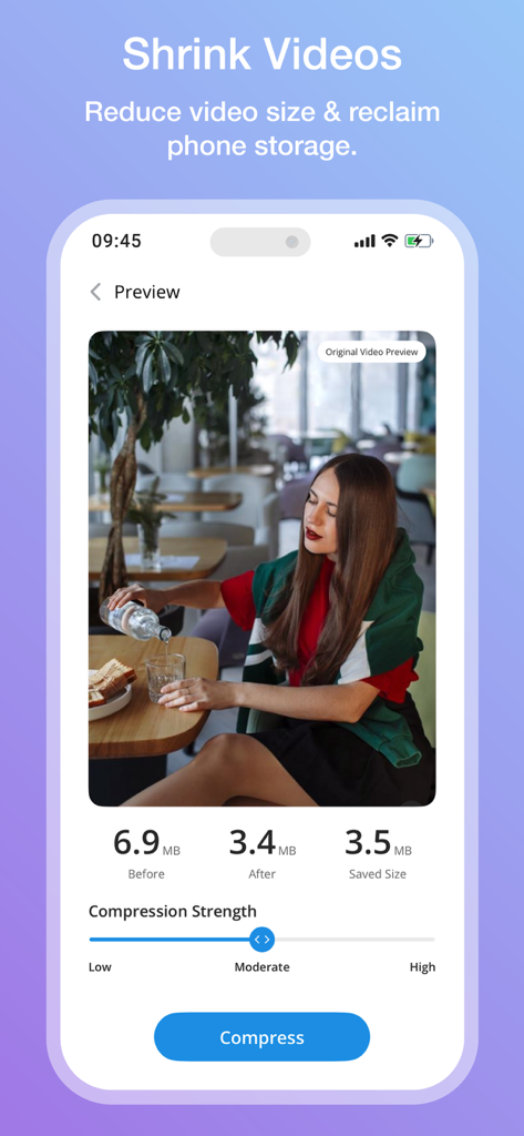 Interface of Cleaner Kit app showing video compression to reduce file size and reclaim phone storage.