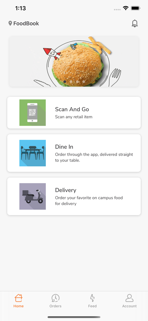 FoodBook - Workplace Food - Home screen of the FoodBook app featuring options for Scan And Go, Dine In, and Delivery at a corporate workplace.