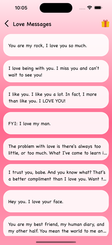 A list of sweet romantic love messages and quotes displayed in a pink mobile app interface.