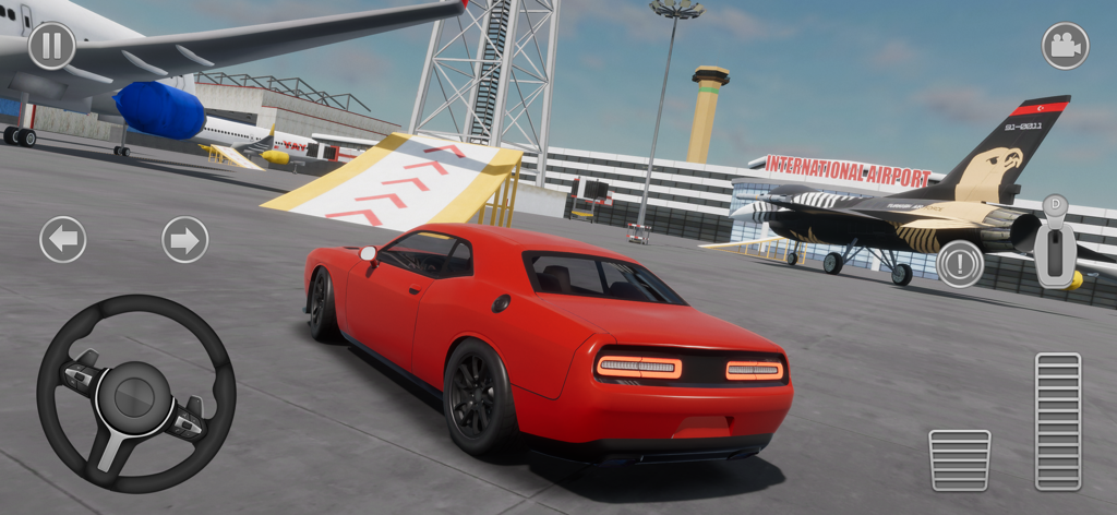City Car Driving - A red sports car driving near an airplane and stunt ramp at an international airport in the City Car Driving simulation app