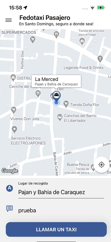 Interfaz de la aplicación Fedotaxi Pasajero para solicitar un taxi en Ecuador