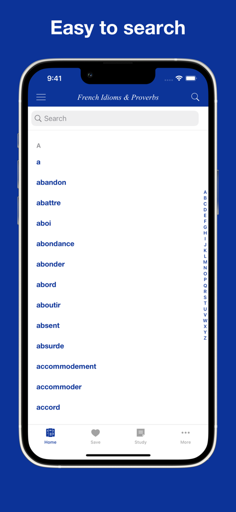 A mobile interface for searching French idioms and proverbs with an alphabetical index