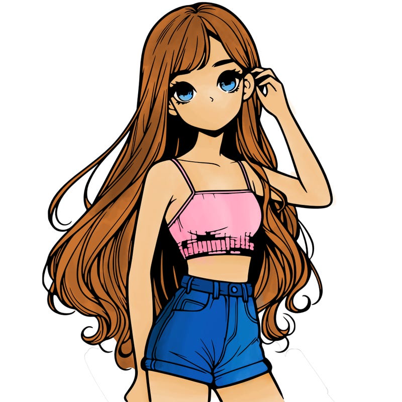 a girl with a crop top short shorts and long hair realistic