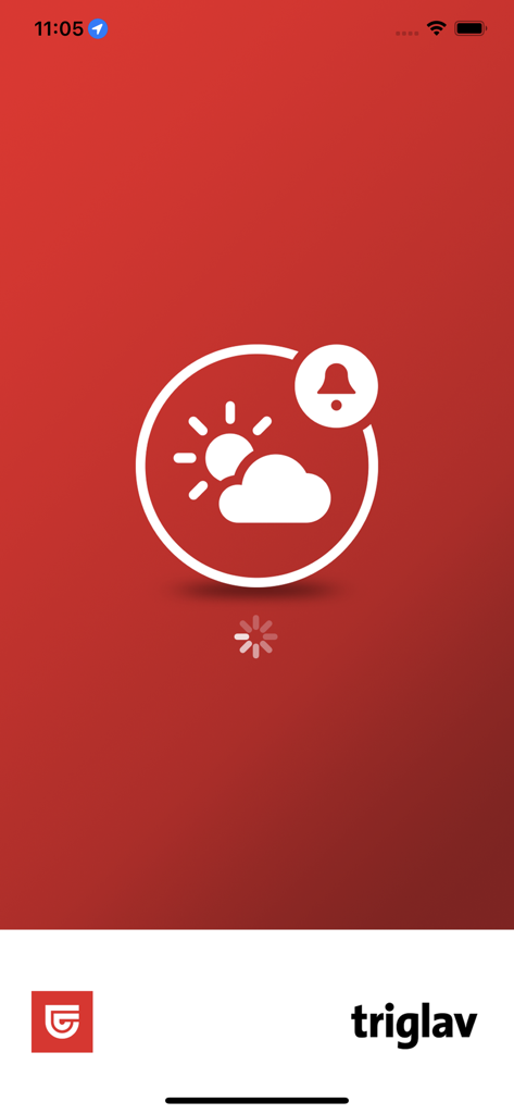 Loading screen of the Triglav Vreme app with a weather and notification icon on a red background