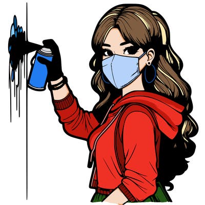 realistic girl with mask spray painting a wall