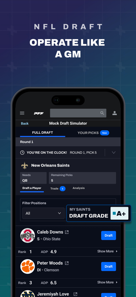 PFF: Betting & Fantasy Tools - PFF app mock draft simulator interface showing NFL draft picks player rankings and draft grades