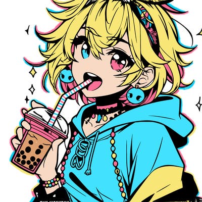 hot baddie anime girl drinking boba and biting the straw