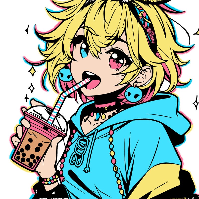 hot baddie anime girl drinking boba and biting the straw