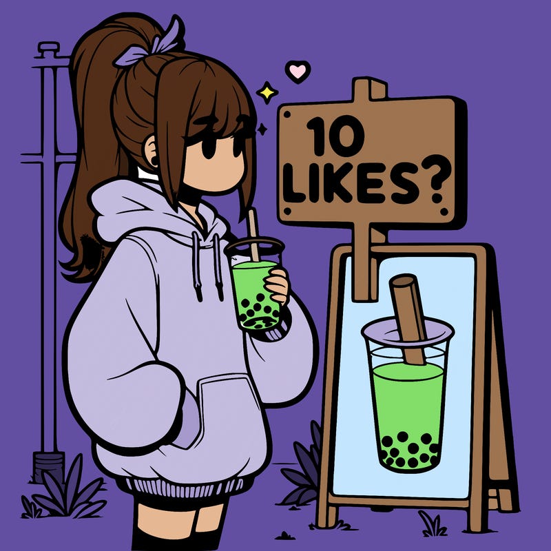 girl with oversized hoodie drinking boba and she has a high ponytail with a sign that says 10likes?
