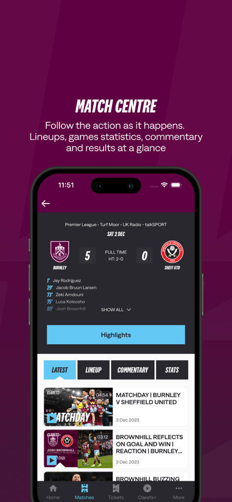 バーンリーFC公式アプリのインターフェース。試合スコアとハイライトが表示されているマッチセンターが表示されています。