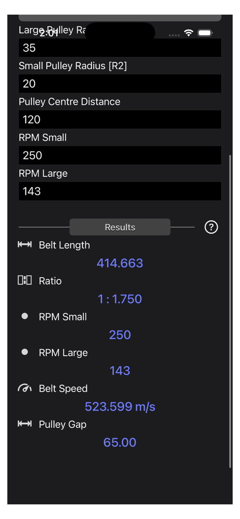 Pulley Calculator app showing calculated belt length and belt speed values