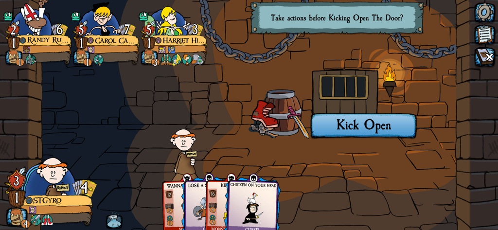 Munchkin Digital - Gameplay of Munchkin Digital showing the kick open the door action in a dungeon with player character cards