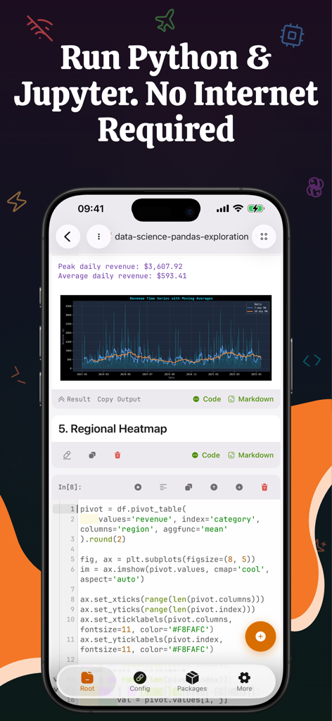 Python - IDE Coding PyNote - Python IDE app for iPhone showing data science code and a line chart