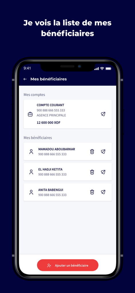 SG Connect mobile app interface displaying a list of bank account beneficiaries