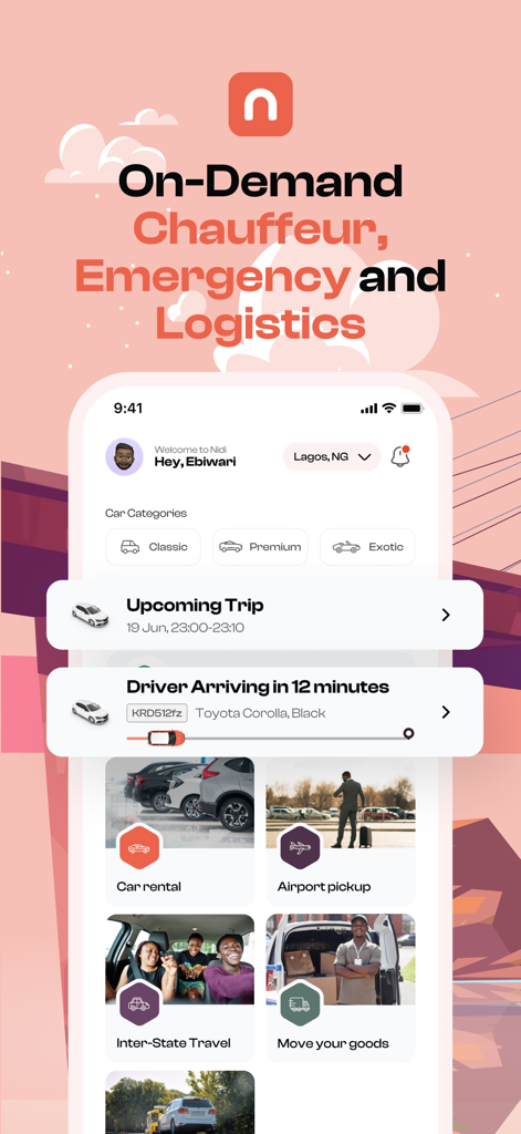 NidiDrive - NidiDrive App-Dashboard, das On-Demand-Chauffeur-, Autovermietungs- und Logistikdienste mit Echtzeit-Fahrer-Tracking anzeigt.