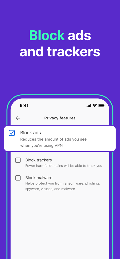 Mozilla VPN privacy settings screen with options to block ads trackers and malware