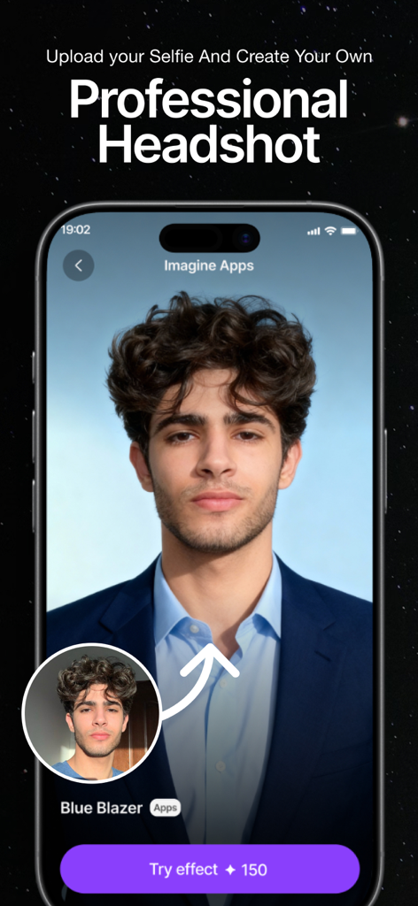 AI-generated professional headshot of a man in a blue blazer created from a casual selfie
