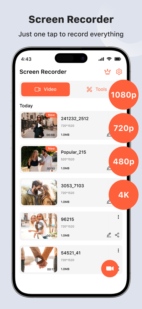 Screen Recorder - Recorder - Screen Recorder app dashboard showing recorded videos and high-definition resolution settings like 1080p and 4K.
