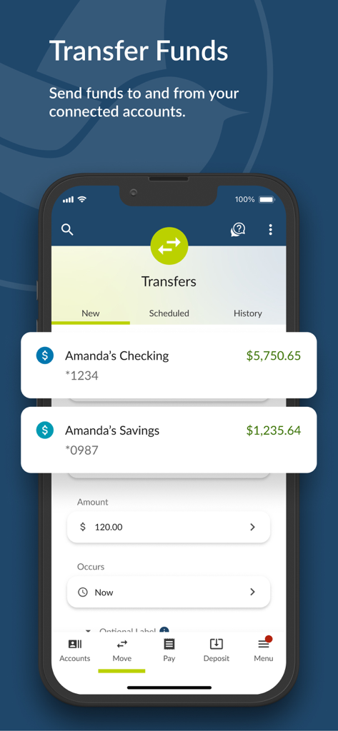 Latino Community Credit Union - Latino Community Credit Union app fund transfer screen showing checking and savings balances