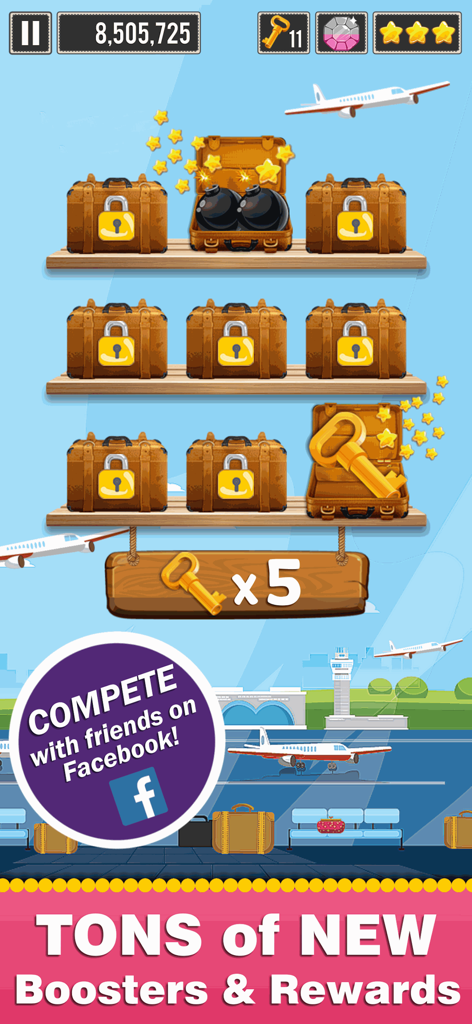 Word Wow Around the World - In-game screenshot of Word Wow Around the World showing collectible boosters and rewards in travel suitcases at an airport terminal.