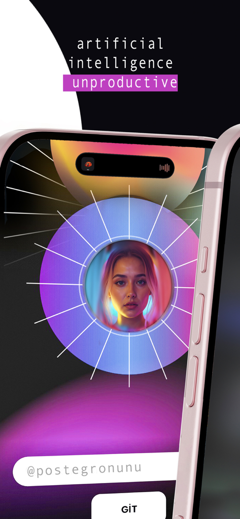 Postegro Nunu app interface featuring a zoomed-in HD profile picture with AI visual effects.