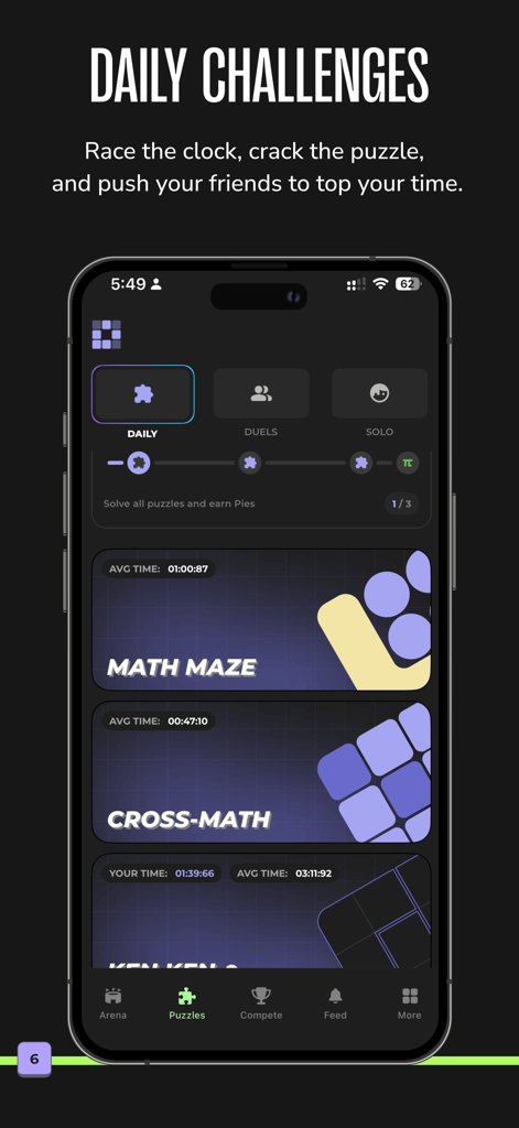 Matiks: Math and Brain Games - Interface de l'application Matiks affichant des défis de maths quotidiens et des puzzles logiques comme Math Maze et Cross Math