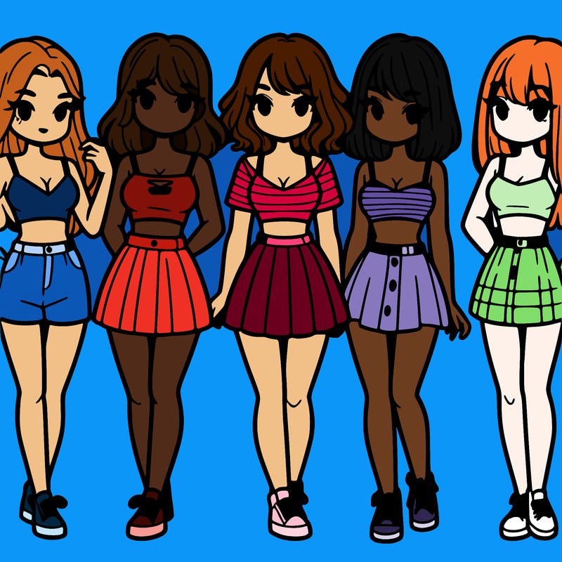 a group of girls wearing crop tops and skirts