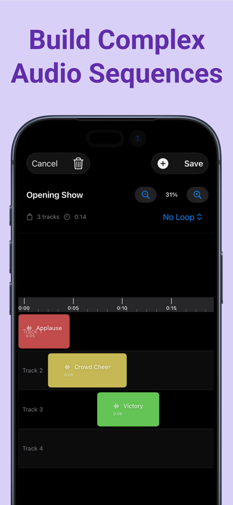 Sound Board Pad - Mobile interface showing a multi-track audio sequence timeline with labeled sound pads for live production.