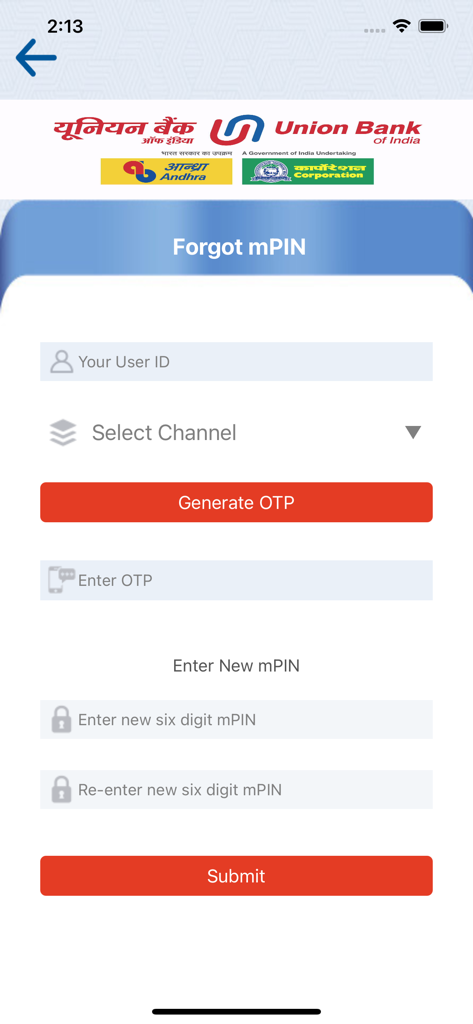 Forgot mPIN reset screen for Union Bank of India U-Token app