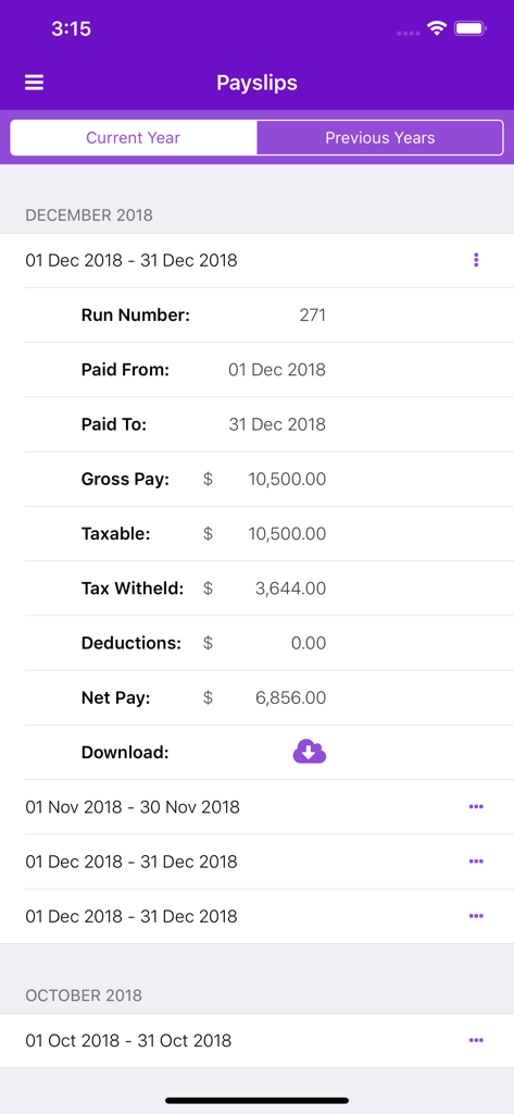 Mobile app screen of Access Definitiv showing detailed monthly payslip information with gross pay tax withheld and net pay figures