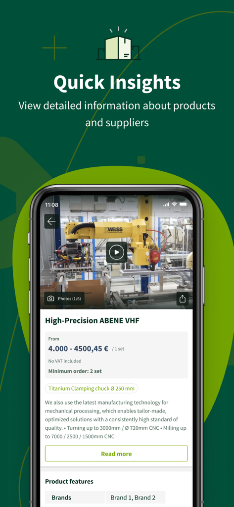 Europages app screenshot displaying detailed product insights for industrial machinery sourcing