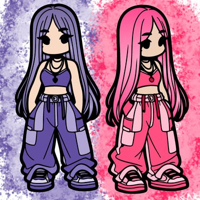 girl in baggy pants crop top and long hair