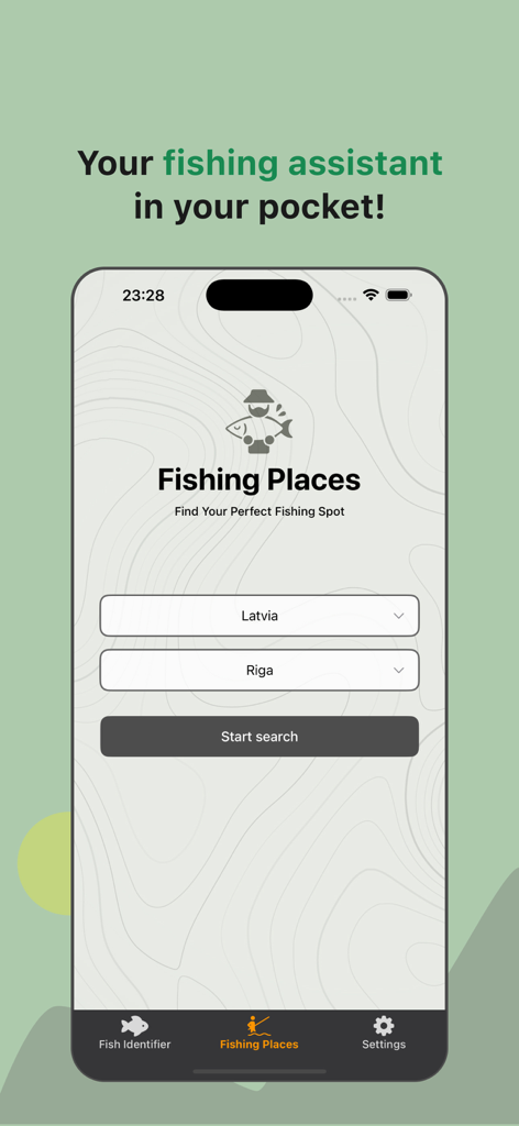 Fish Identifier & Fish Finder - A tela de busca de locais de pesca no aplicativo Identificador de Peixes, permitindo aos usuários encontrar locais de pesca locais selecionando um país e uma cidade.