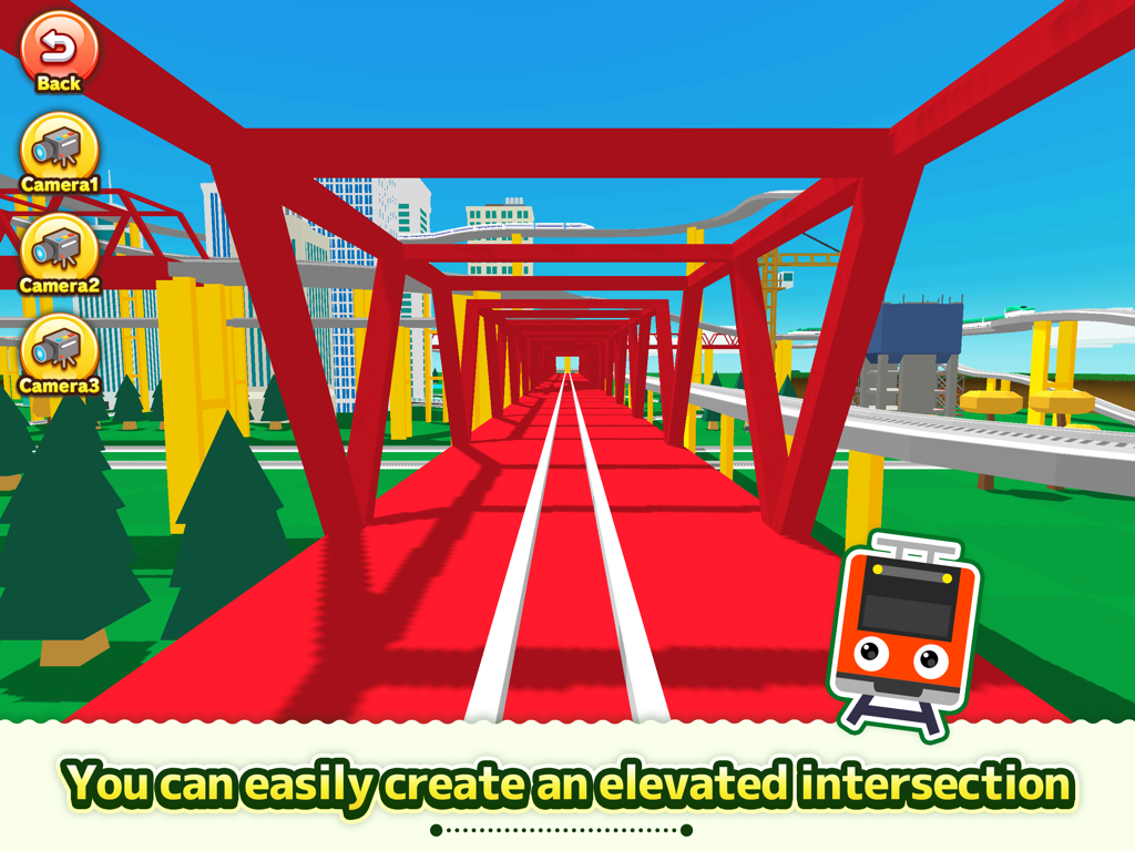 Train Go for iPad - Uma visão 3D de dentro de uma ponte de trem elevada vermelha mostrando um cruzamento ferroviário no aplicativo Train Go