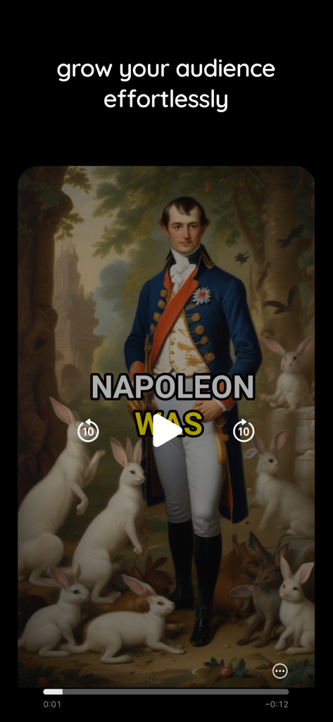 Video IA generado de Napoleón rodeado de conejos en una interfaz vertical de redes sociales con el texto: haz crecer tu audiencia sin esfuerzo.
