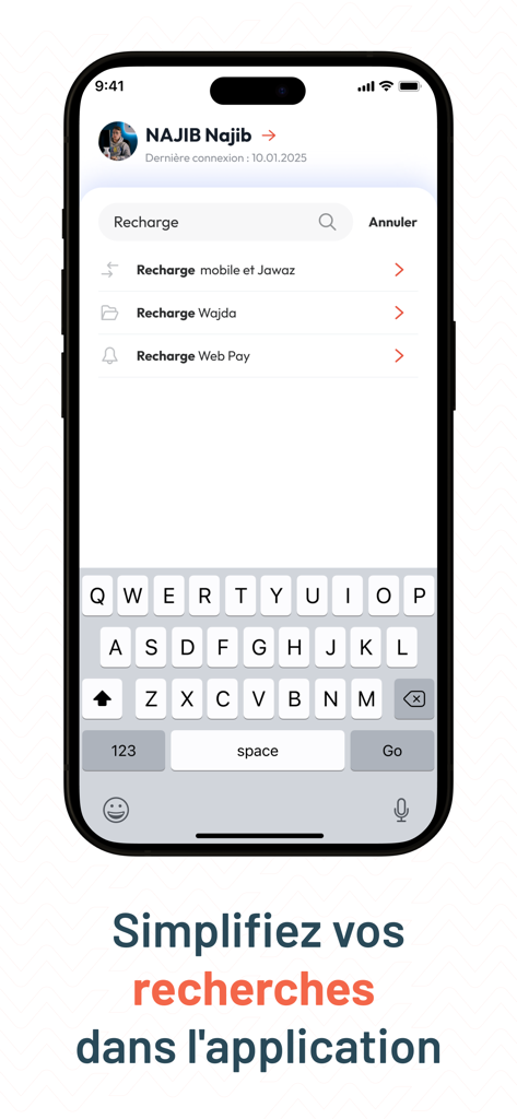 Attijari Mobile - Interface de recherche de l'application mobile Attijari affichant les options de rechargement des cartes mobiles et prépayées