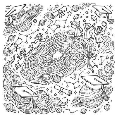 Celebrate academic achievement in an out-of-this-world way with this unique coloring page! It beautifully combines the wonder of swirling galaxies with the joyous elements of graduation, offering a truly special coloring experience.