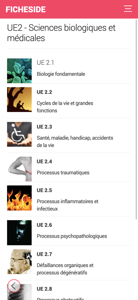Fiches IDE - Interface of the Fiches IDE app displaying a list of nursing study modules for biological and medical sciences