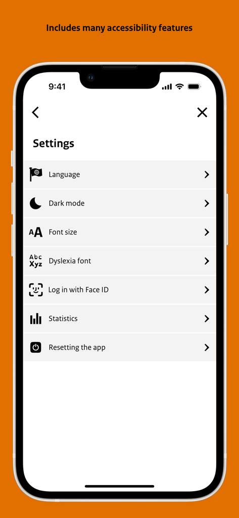 DigiD - Settings screen of the DigiD app highlighting accessibility features like dyslexia font and font size.