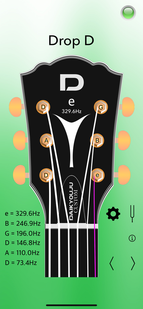 Acoustic Guitar Tuner Pro - Interfaz del Afinador de Guitarra Acústica Pro que muestra el modo de afinación Drop D con frecuencias de cuerda
