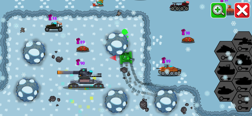 2D tank battle gameplay in a snowy field with customization menu