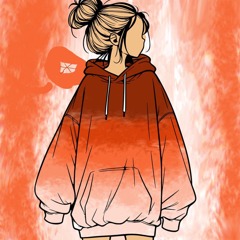 realistic girl with a oversized sweatshirt on and a bun