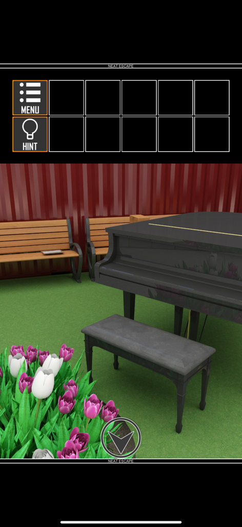 Escape Game:Warehouse - Interior scene of the warehouse escape game featuring a black grand piano benches and flowers.