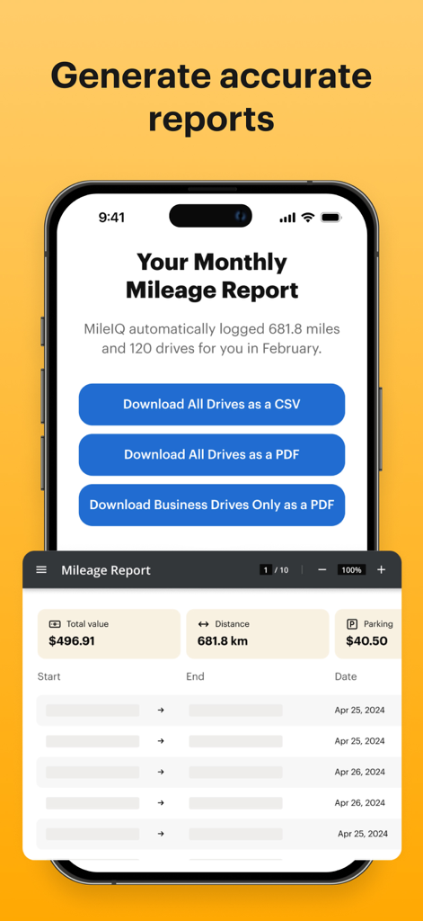 CSV 및 PDF 형식으로 다운로드 옵션이 있는 MileIQ 월별 주행 거리 보고서 화면