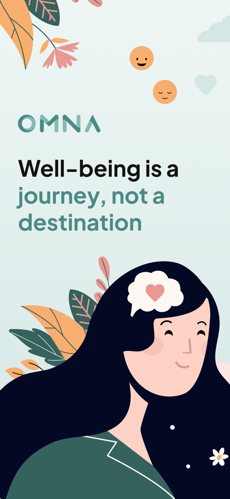 Omna: Mental Health - Omna app intro screen featuring a smiling woman with floral elements and the text well-being is a journey not a destination