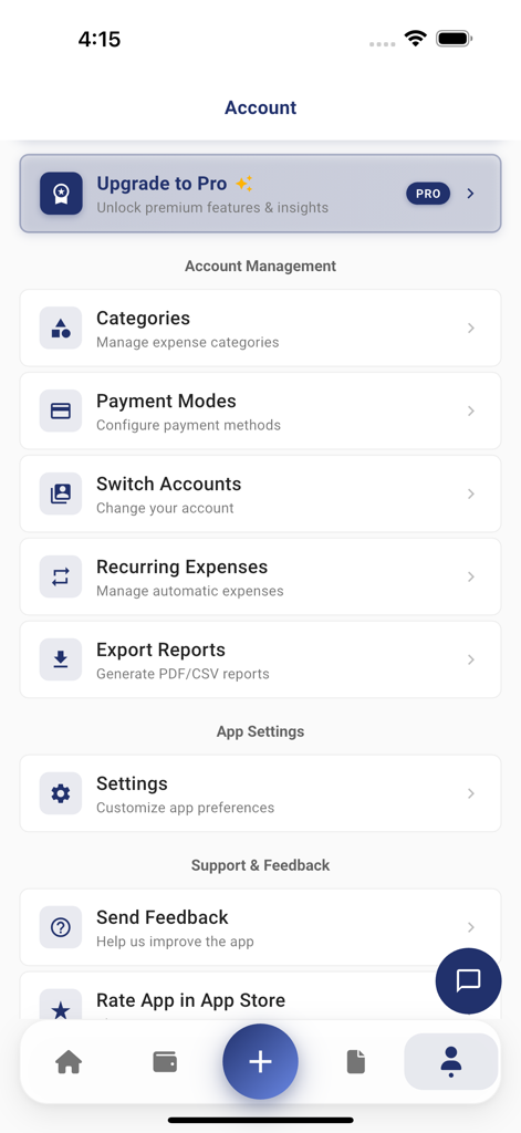 TrackMyExpense - The account and settings screen of the TrackMyExpense finance app showing management options for categories payment modes and reports.