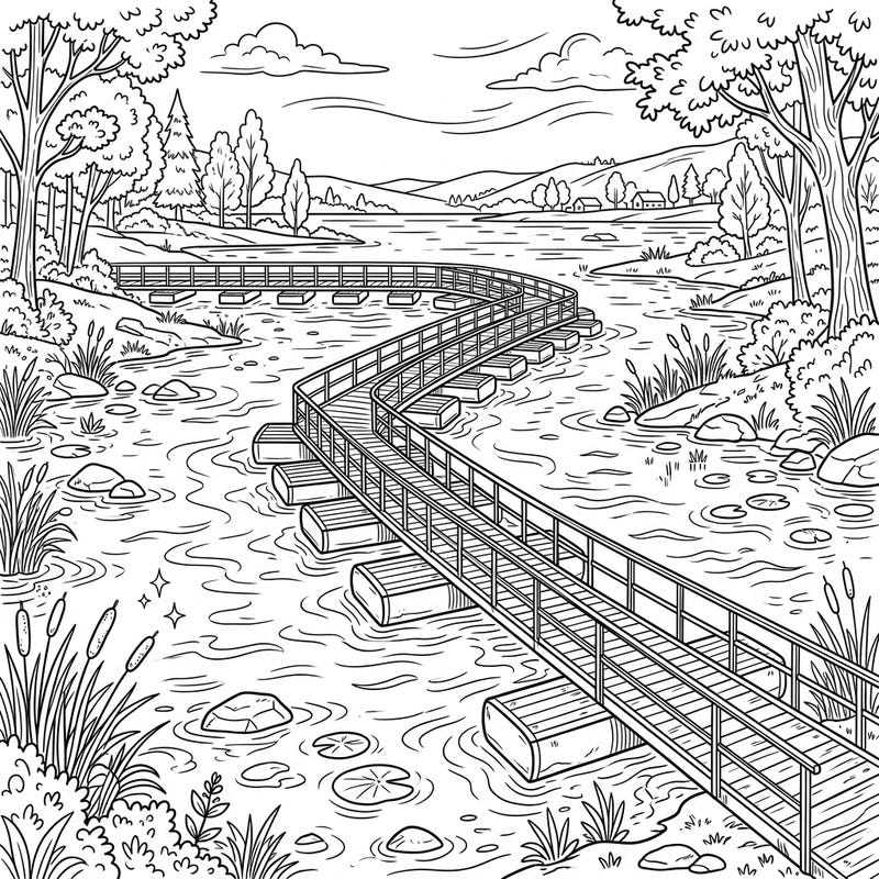 Drift away to a serene riverside with this beautiful pontoon bridge bookmark coloring page. Perfect for nature lovers, this detailed design will bring tranquility and creativity to your reading adventures.