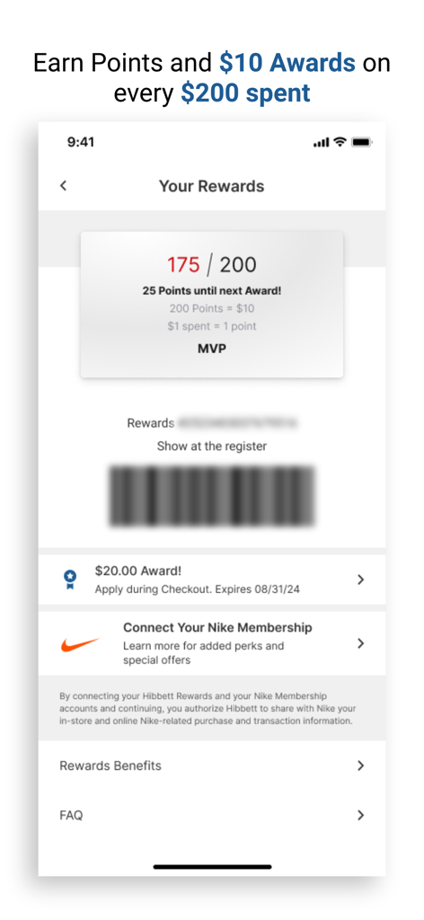 Hibbett - Sneakers & Clothing - Écran de récompenses de l'application mobile Hibbett montrant un suivi des points de fidélité et les avantages membres