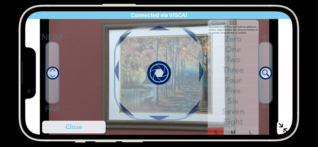 PTZControl Pro 2 by PTZOptics™ - Landscape view of the PTZControl Pro 2 app showing live video and camera controls for pan tilt and zoom.