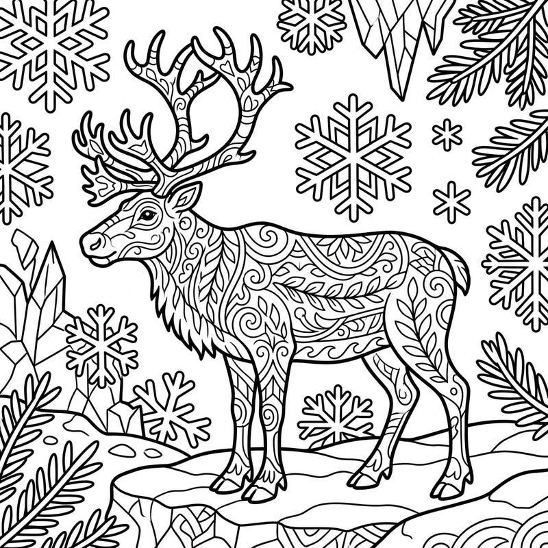 Embark on a tranquil coloring journey with this stunning Arctic reindeer design, perfect for seniors. Its bold lines and intricate patterns promise a deeply satisfying and accessible creative escape.